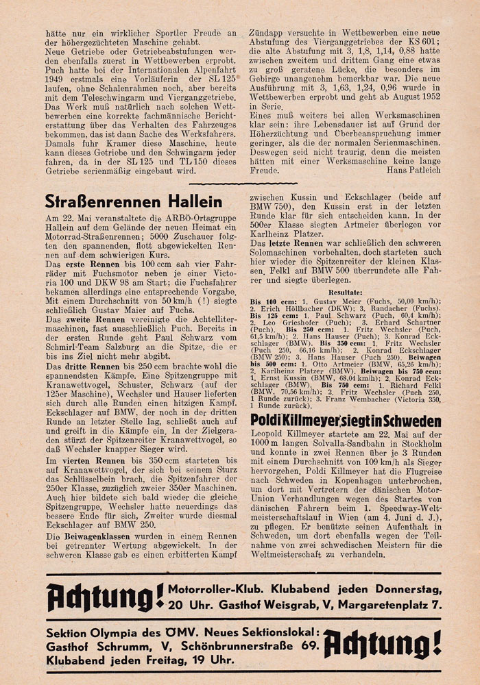 1952 Strassenrennen Hallein Kranaw Ergebn